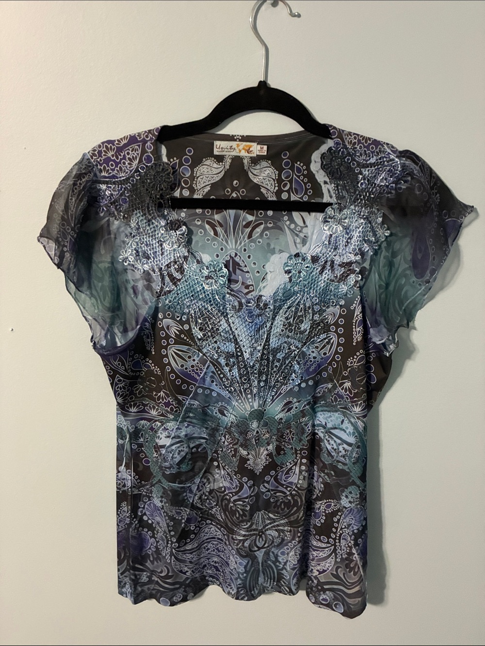 Unity World Wear Teal & Purple Paisley Lace-Accent Sheer Blouse